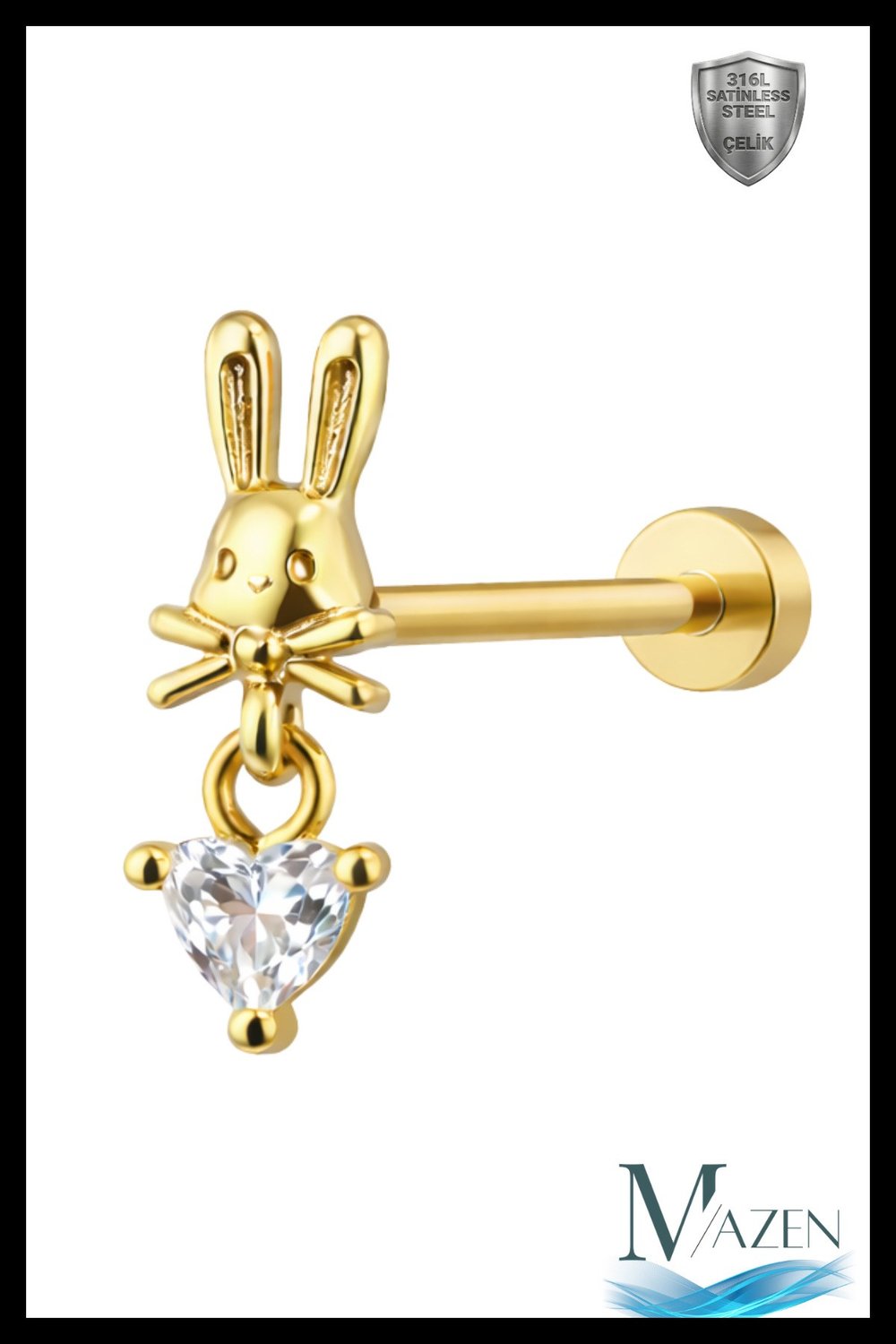 Gold Tavşan Figürlü Sallantılı Tragus Helix Piercing | 316L Çelik | Rabbit Flat Back