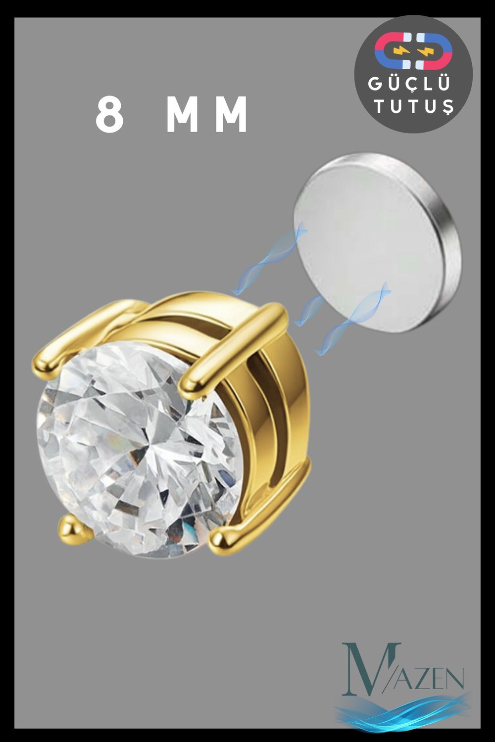 Güçlü Mıknatıslı 8 mm Tektaş Küpe | 316L Gold Çelik | Deliksiz Fake Küpe | Erkek Kadın | 1 Adet