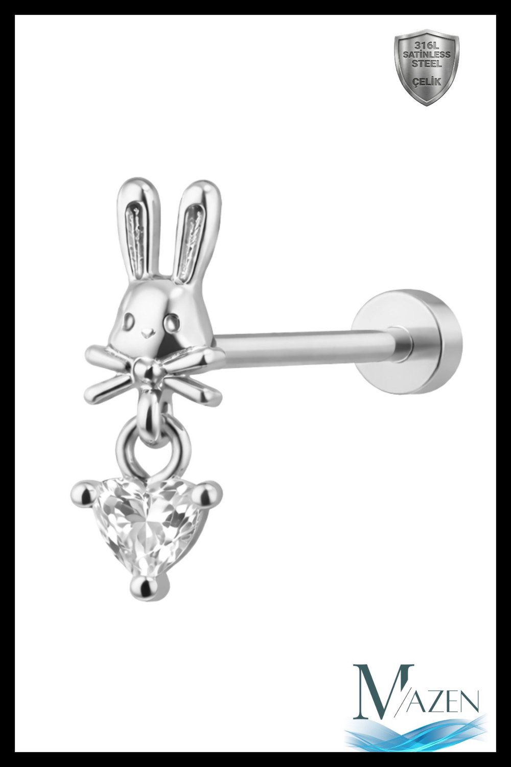 Gümüş Renk Tavşan Figürlü Sallantılı Tragus Helix Piercing | 316L Çelik | Rabbit Flat Back