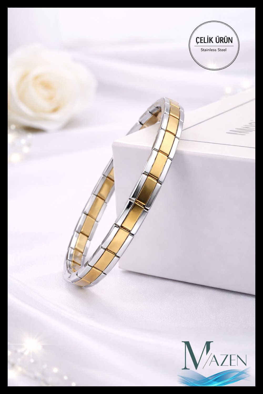 İnce Barlı 7 mm Çelik İtalyan Charm Bileklik Çift Renk 18 cm