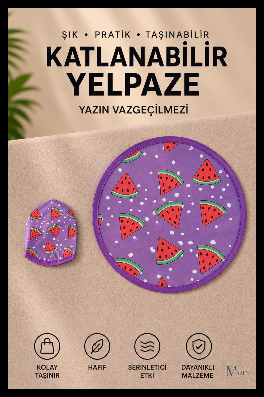Karpuz Dilimi Desenli Katlanabilir Yuvarlak Yazlık Taşınabilir El Yelpazesi