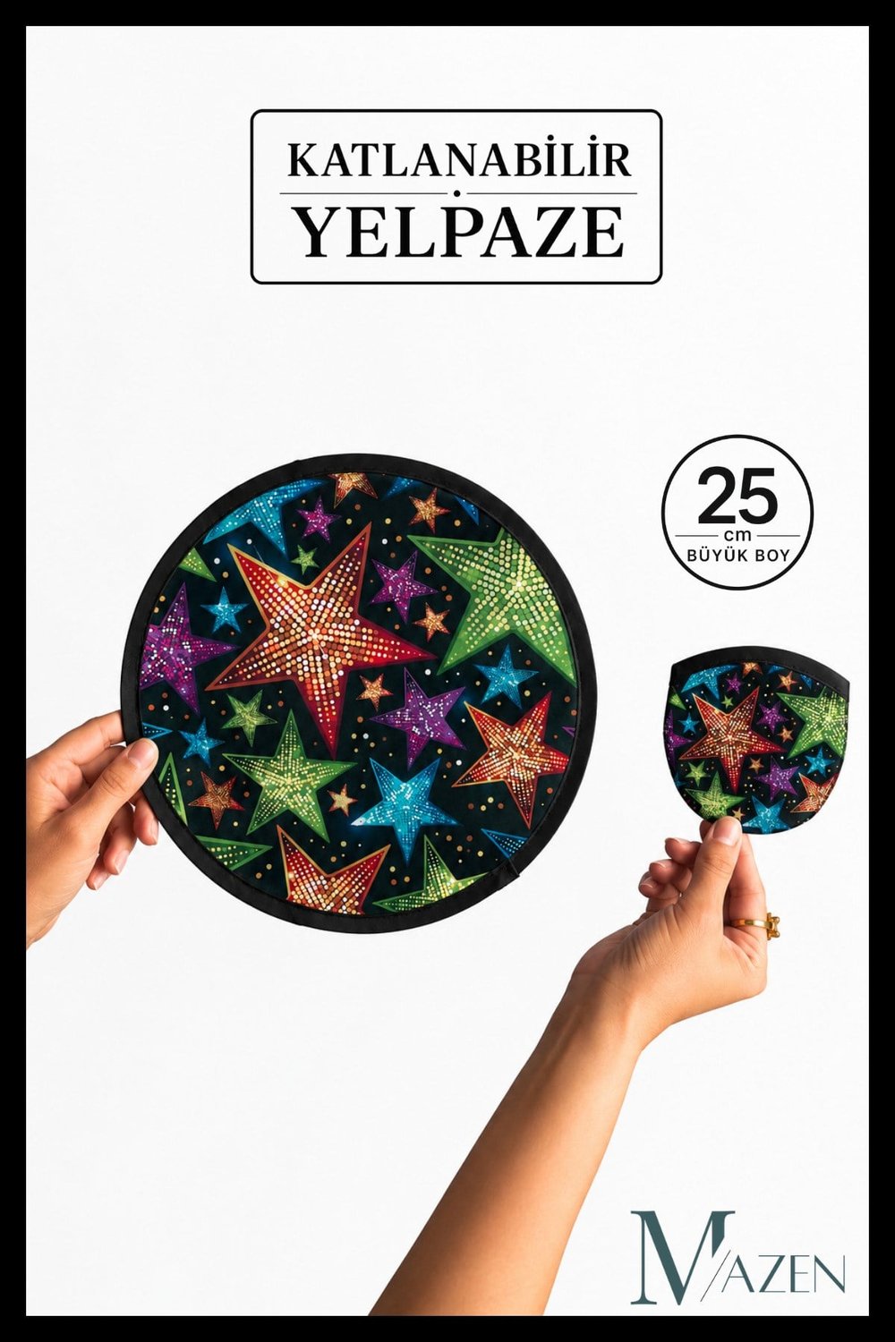 Katlanabilir Yelpaze 25 cm Büyük Boy Kore Yelpazesi Renkli Yıldız Desenli Taşınabilir El Yelpazesi
