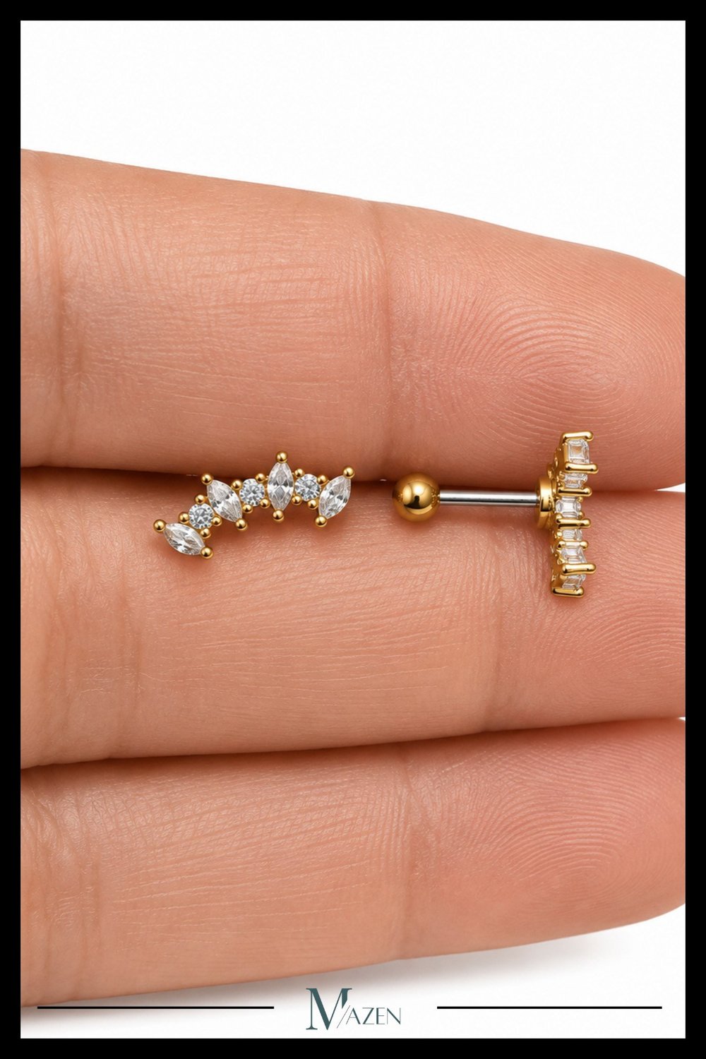 Kavisli Taç Tragus Piercing Çelik Gold Renk Modern Taşlı Tasarım