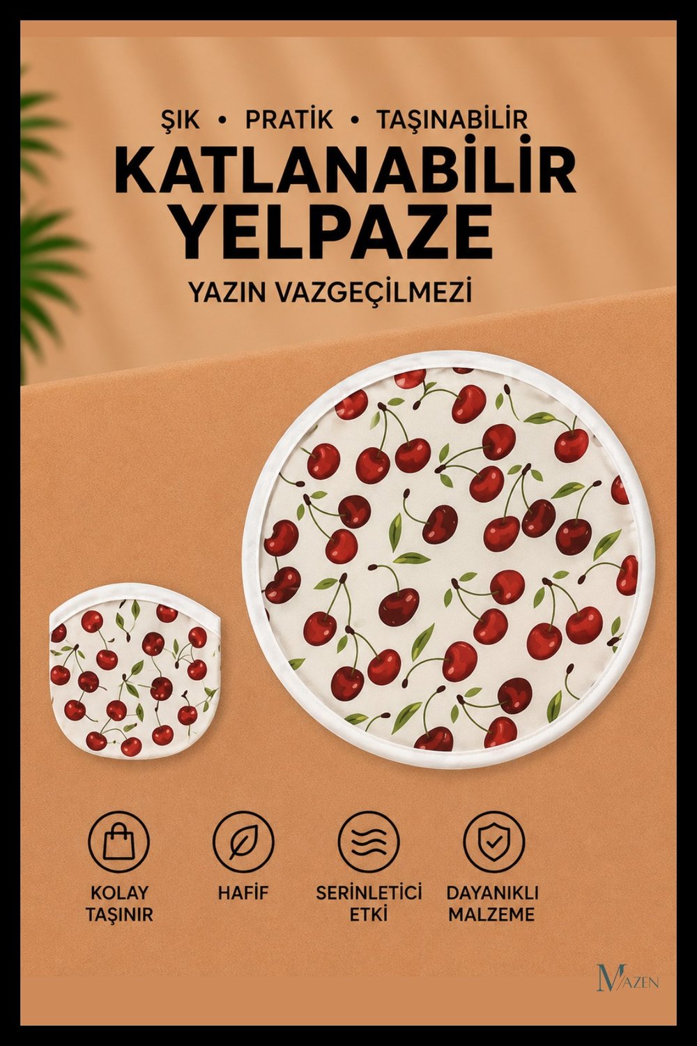 Kiraz Desen Katlanabilir Yuvarlak Yazlık Taşınabilir El Yelpazesi