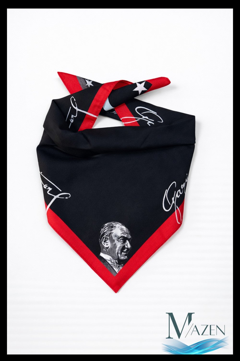 Kırmızı Kenarlı Atatürk Desenli Fular | 45x45 cm | Yumuşak Saten Kumaş | Premium Doku