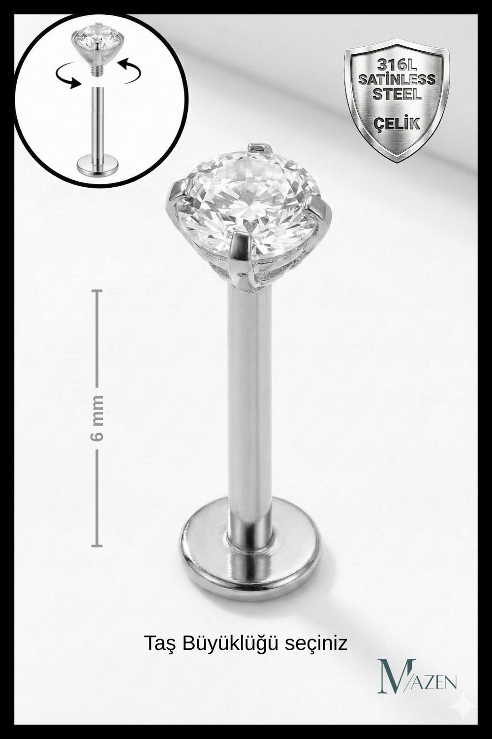 Kısa Barlı ( 6 mm ) Cerrahi Çelik Taşlı Piercing, Tragus Gümüş Renk ( Taş Ebat Seçiniz)