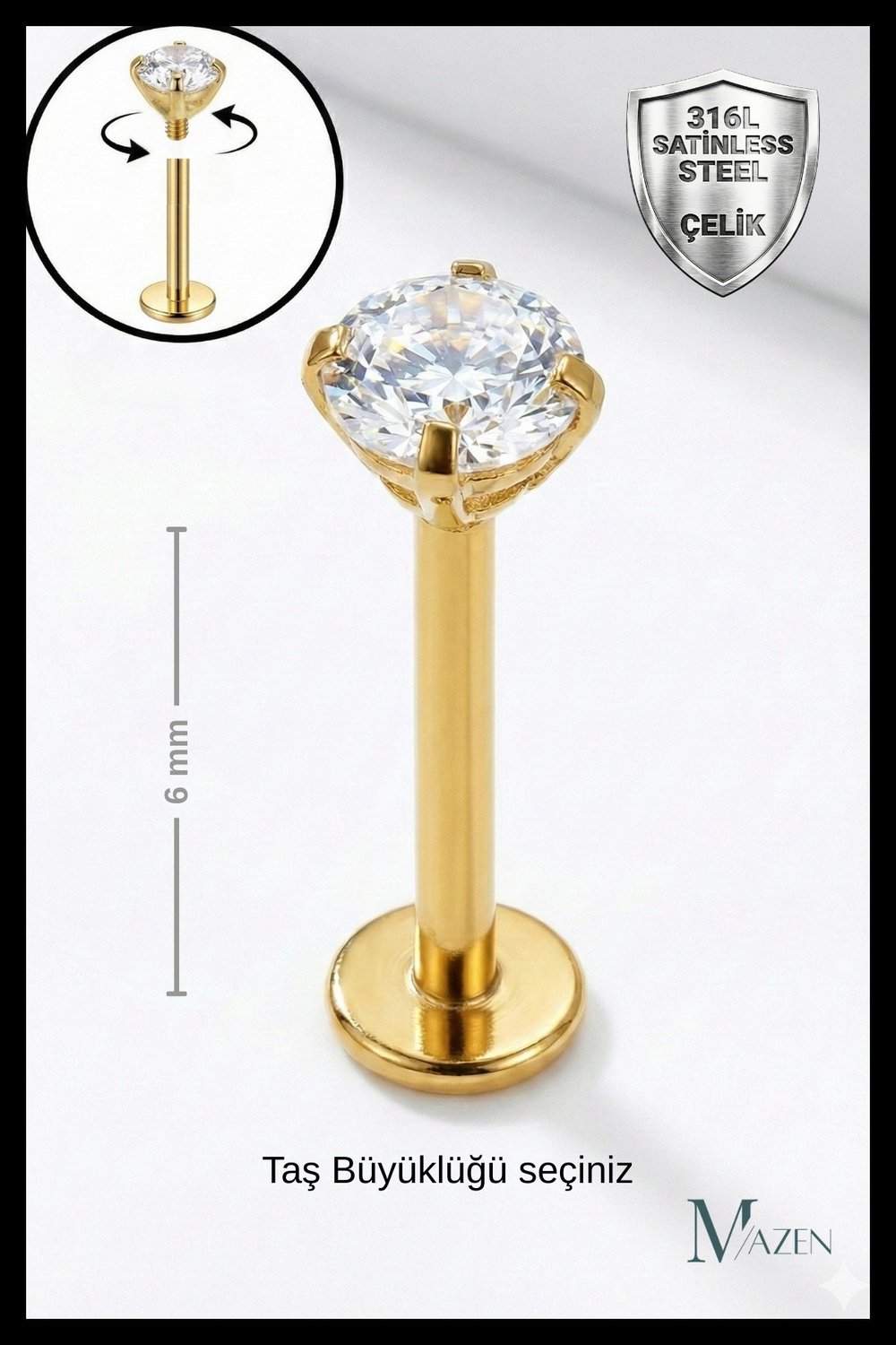 Kısa Barlı ( 6mm ) Cerrahi Çelik Taşlı Piercing, Tragus Tekli Gold Renk (Taş Ebat Seçiniz)