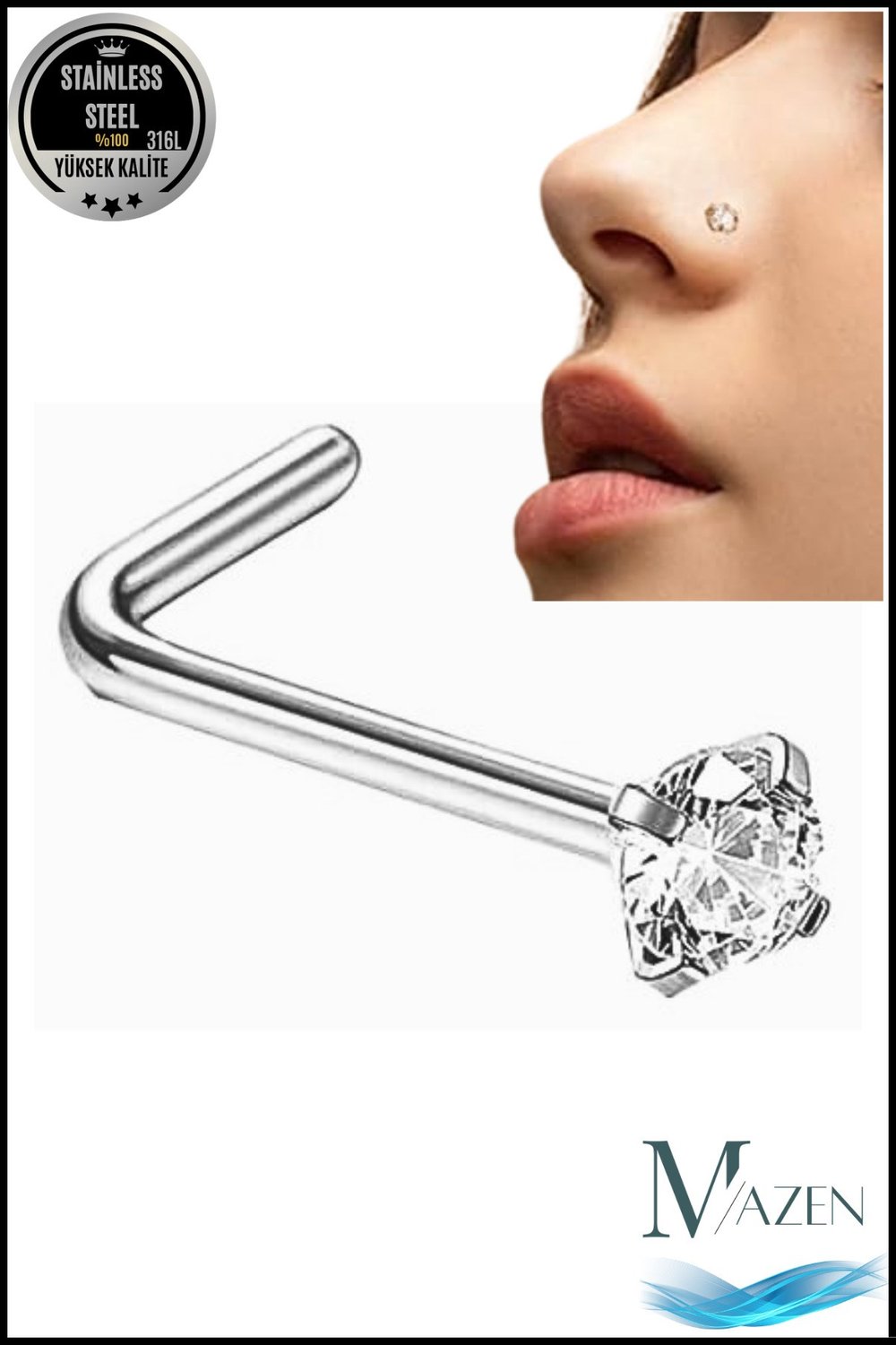 L Model Zirkon Taşlı Hızma | 316L Cerrahi Çelik | Kararmaz Burun Piercingi | Düşme Yapmaz