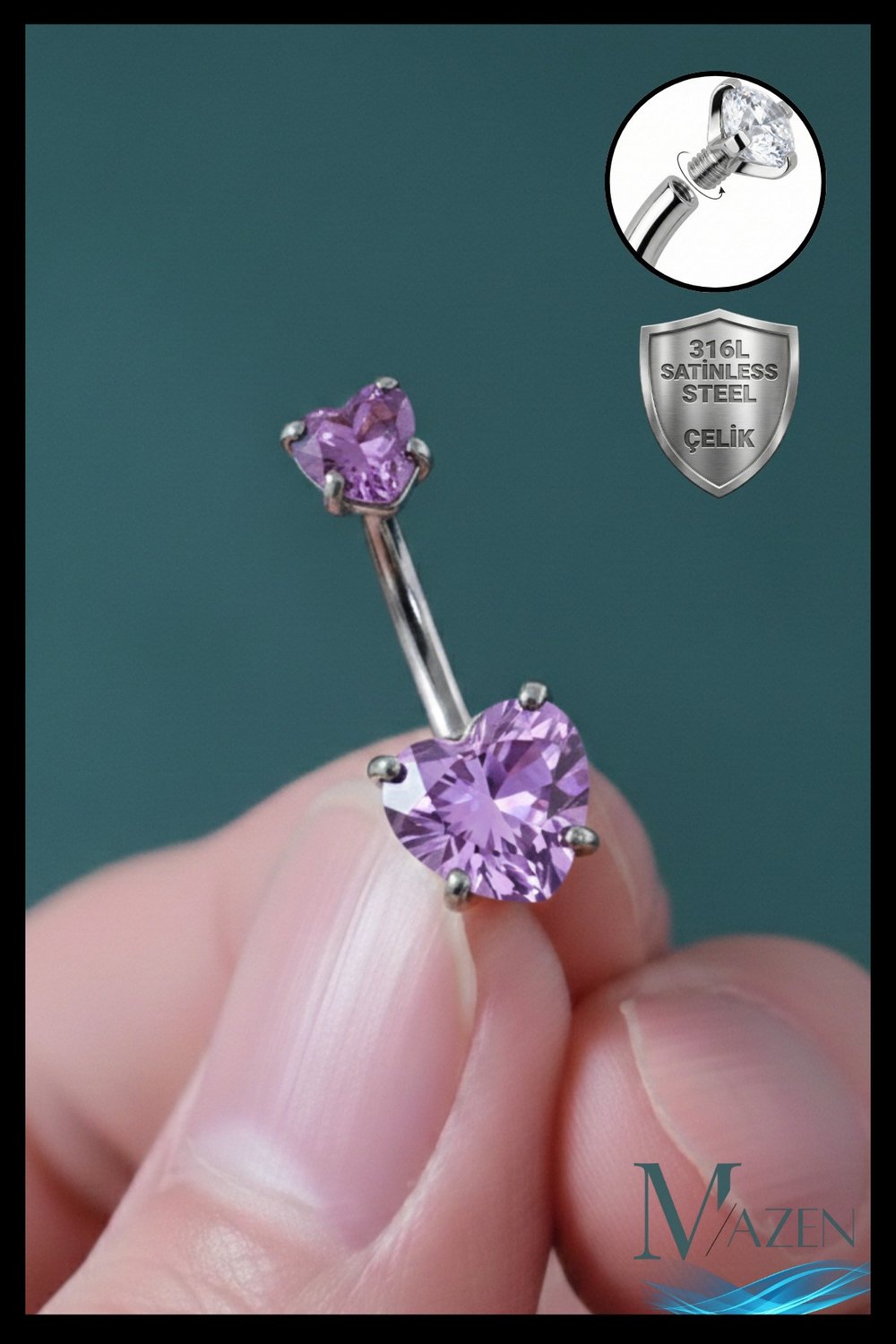 Lila Kalp Zirkon Taşlı Göbek Piercing | 316L Çelik | Gri Bar | Kararmaz Antialerjik