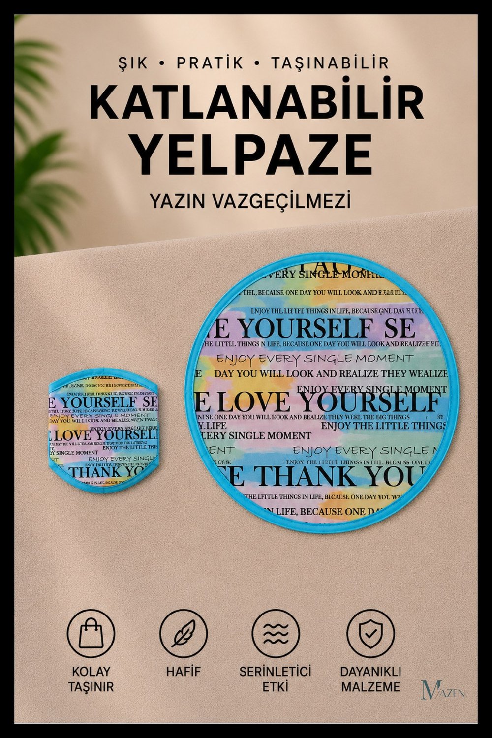 Love Yourself Yazı Desenli Katlanabilir Yuvarlak Yazlık Taşınabilir El Yelpazesi