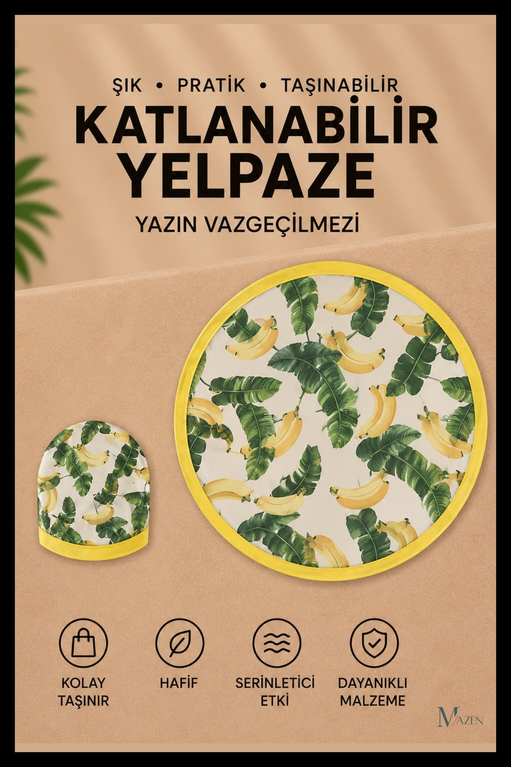 Muz Yaprak Desen Katlanabilir Yuvarlak Yazlık Taşınabilir El Yelpazesi