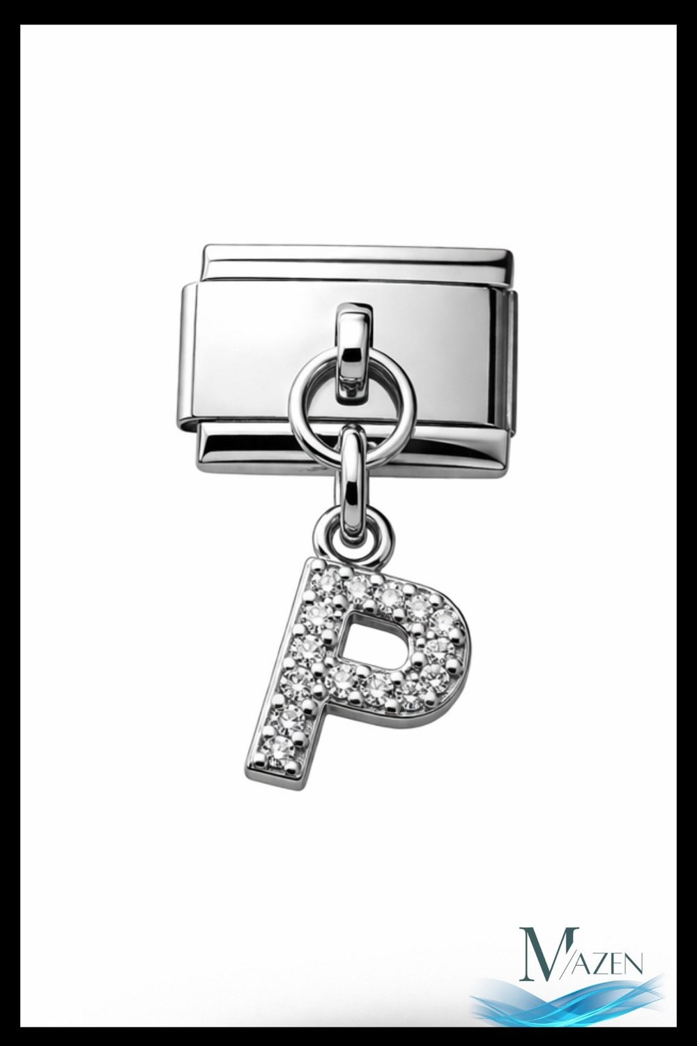 P Harf Zirkon Taşlı İtalyan Charm Bileklik Aparatı | Çelik | Parlak Sallantılı Taşlı Model