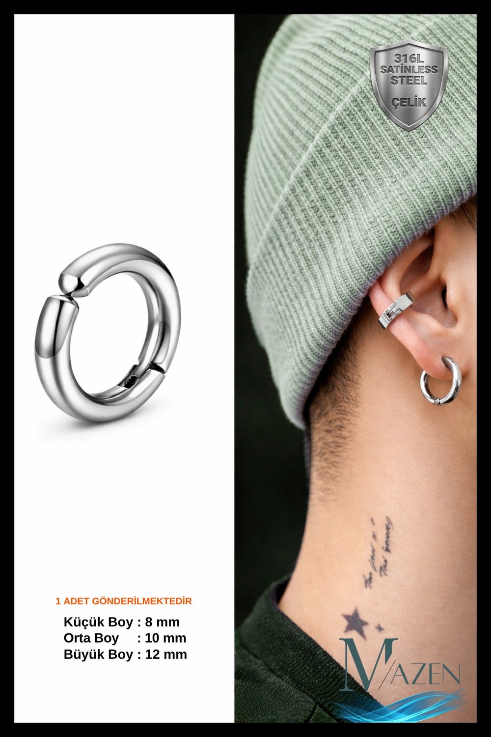 Sıkıştırmalı Deliksiz Fake 316l Paslanmaz Cerrahi Çelik Unisex Küpe Kıkırdak Küpe Ear Cuff (1 ADET)
