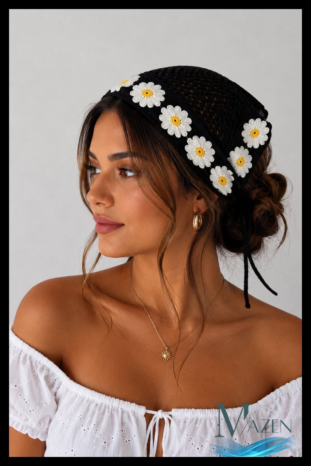 Siyah El Örgüsü Papatyalı Bağlamalı Kadın Bandana Bone Bohem Yazlık Saç Aksesuarı
