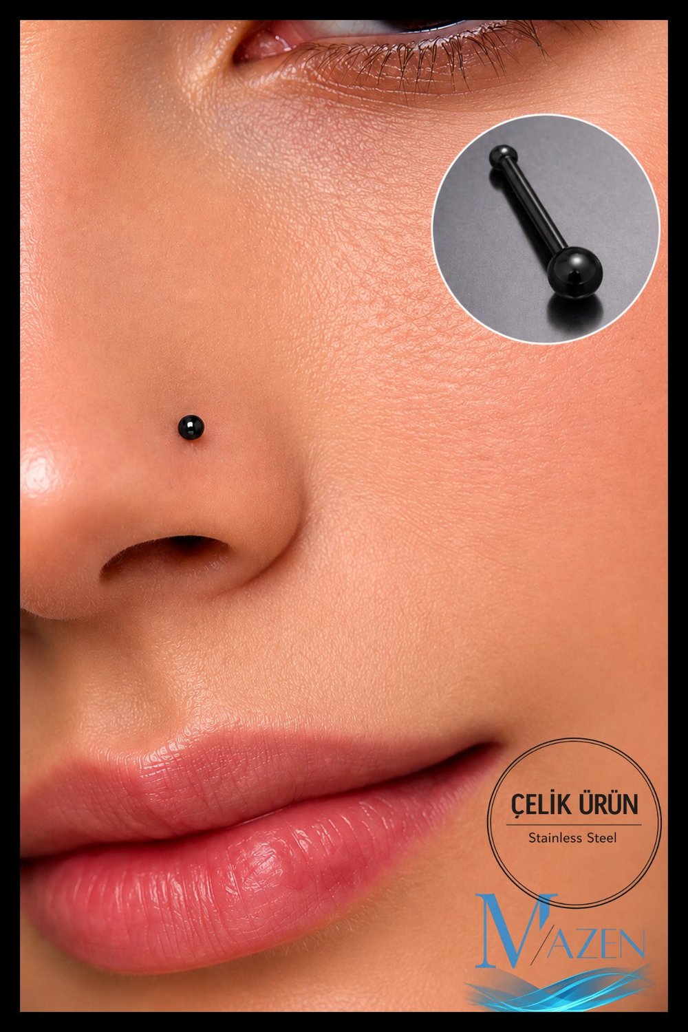 Siyah Top Uçlu Hızma Burun Piercing | 316L ÇELİK | Siyah Renk | Minimal Takı