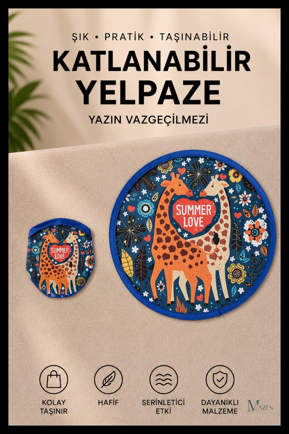Summer Love Zürafa Desenli Katlanabilir Yuvarlak Yazlık Taşınabilir El Yelpazesi