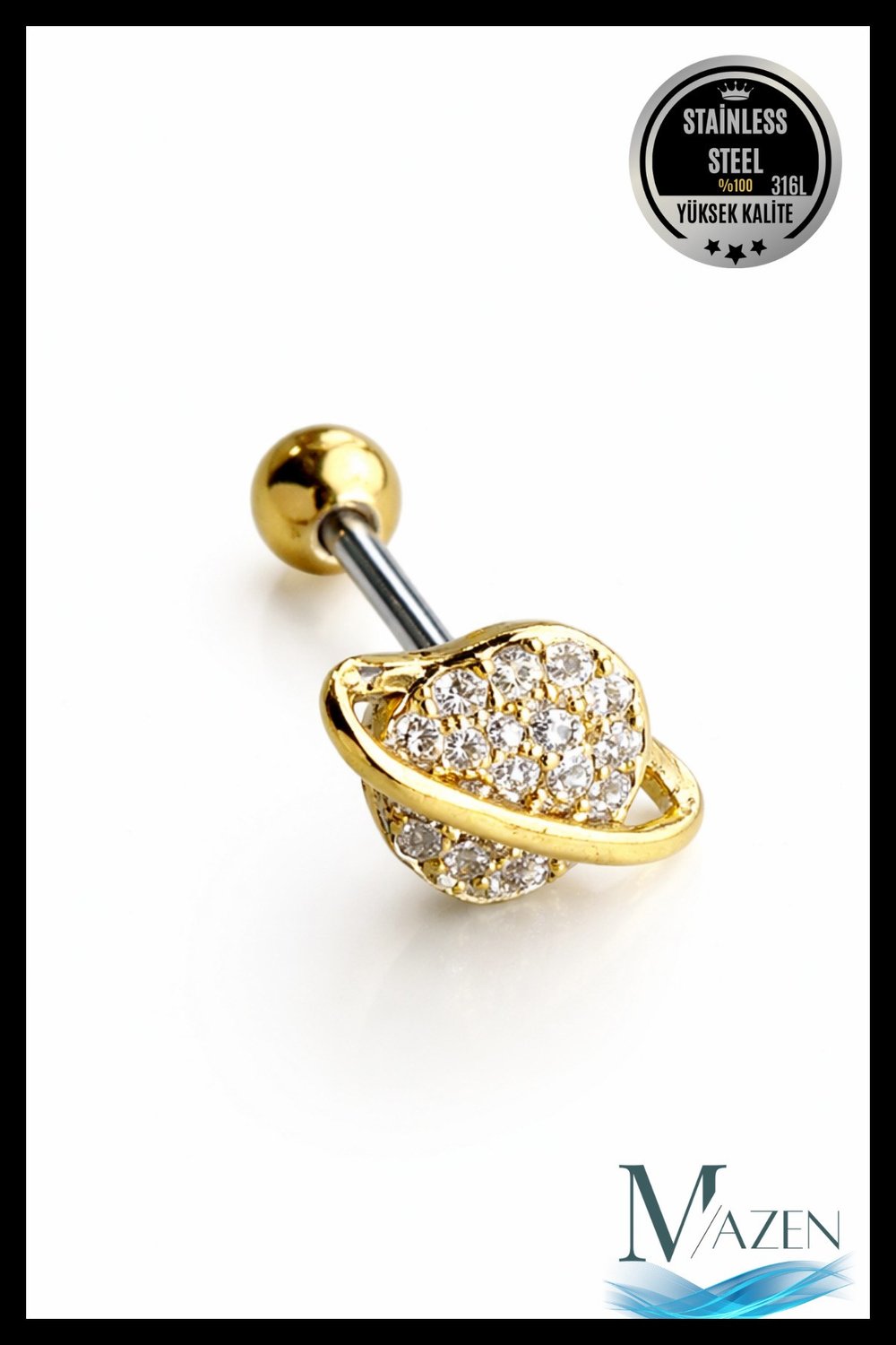 Taşlı Gezegen Figürlü Tragus Helix Piercing | 316L Çelik Takı Gold Renk