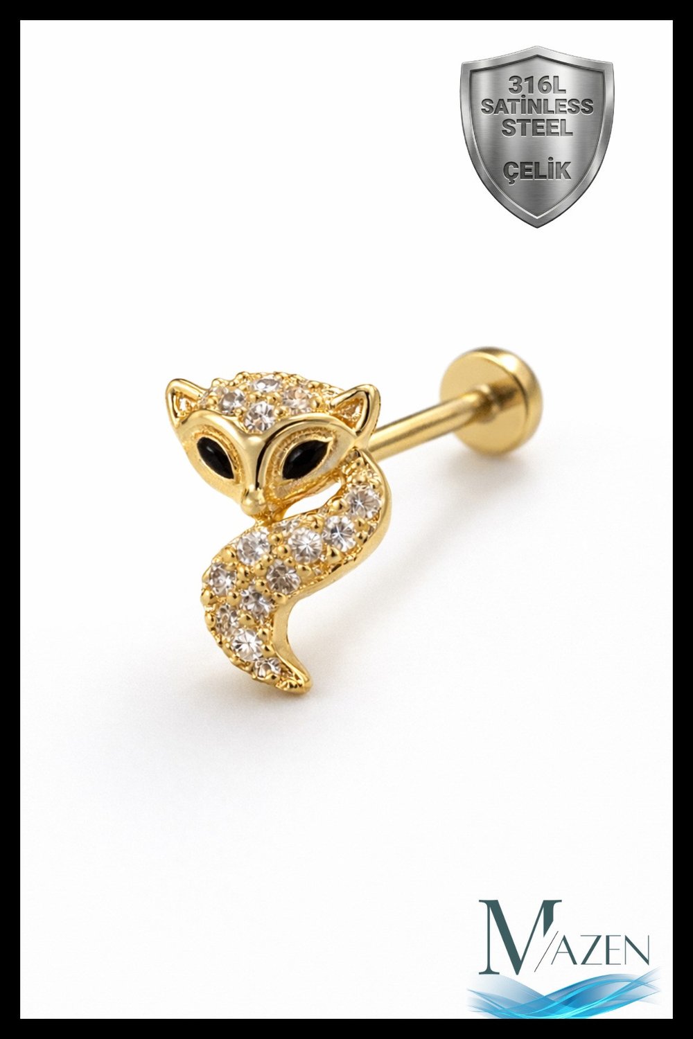 Tilki Figürlü Taşlı 316L Çelik Tragus Helix Piercing Fox Gold Renk Kadın Küpe