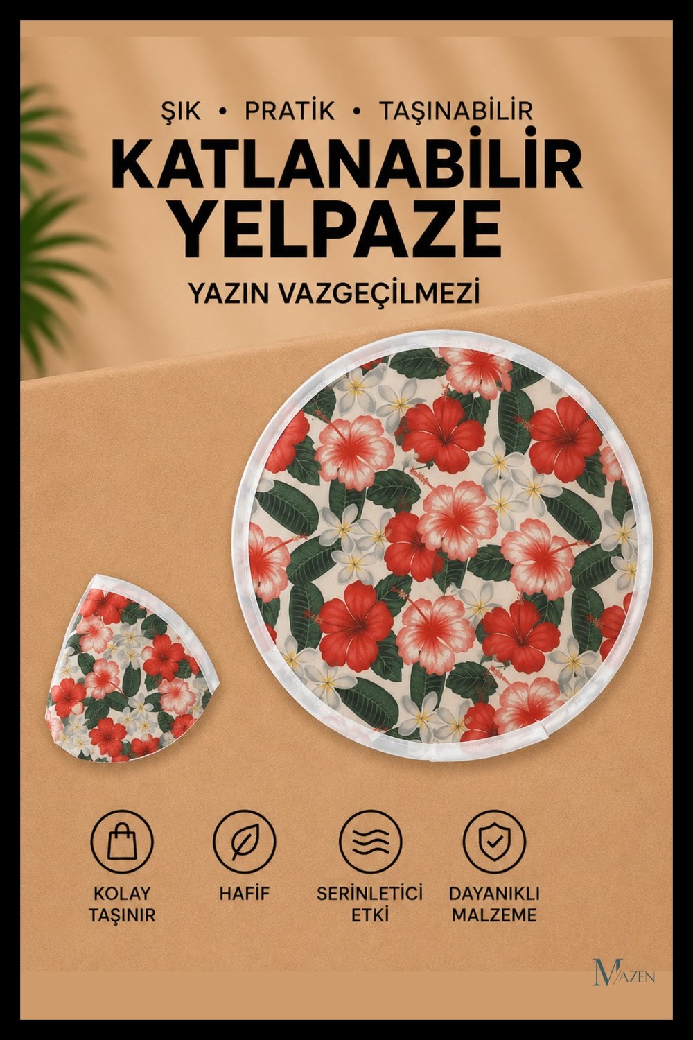 Tropikal Çiçek Desen Katlanabilir Yuvarlak Yazlık Taşınabilir El Yelpazesi