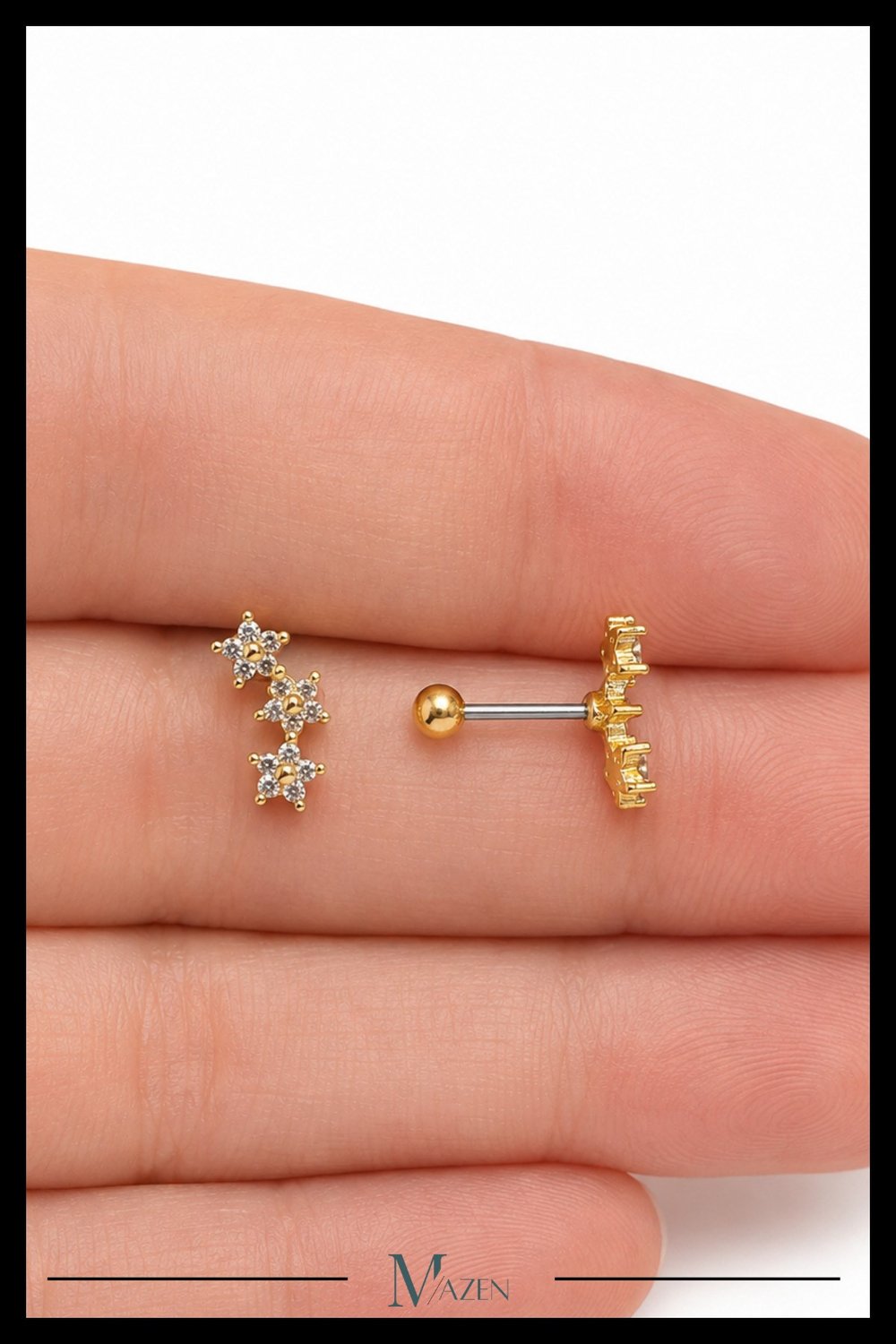 Üçlü Yıldız Tragus Piercing Çelik Gold Renk Parlak Figürlü