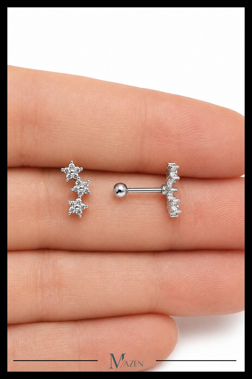 Üçlü Yıldız Tragus Piercing Çelik Gümüş Renk Parlak Figürlü