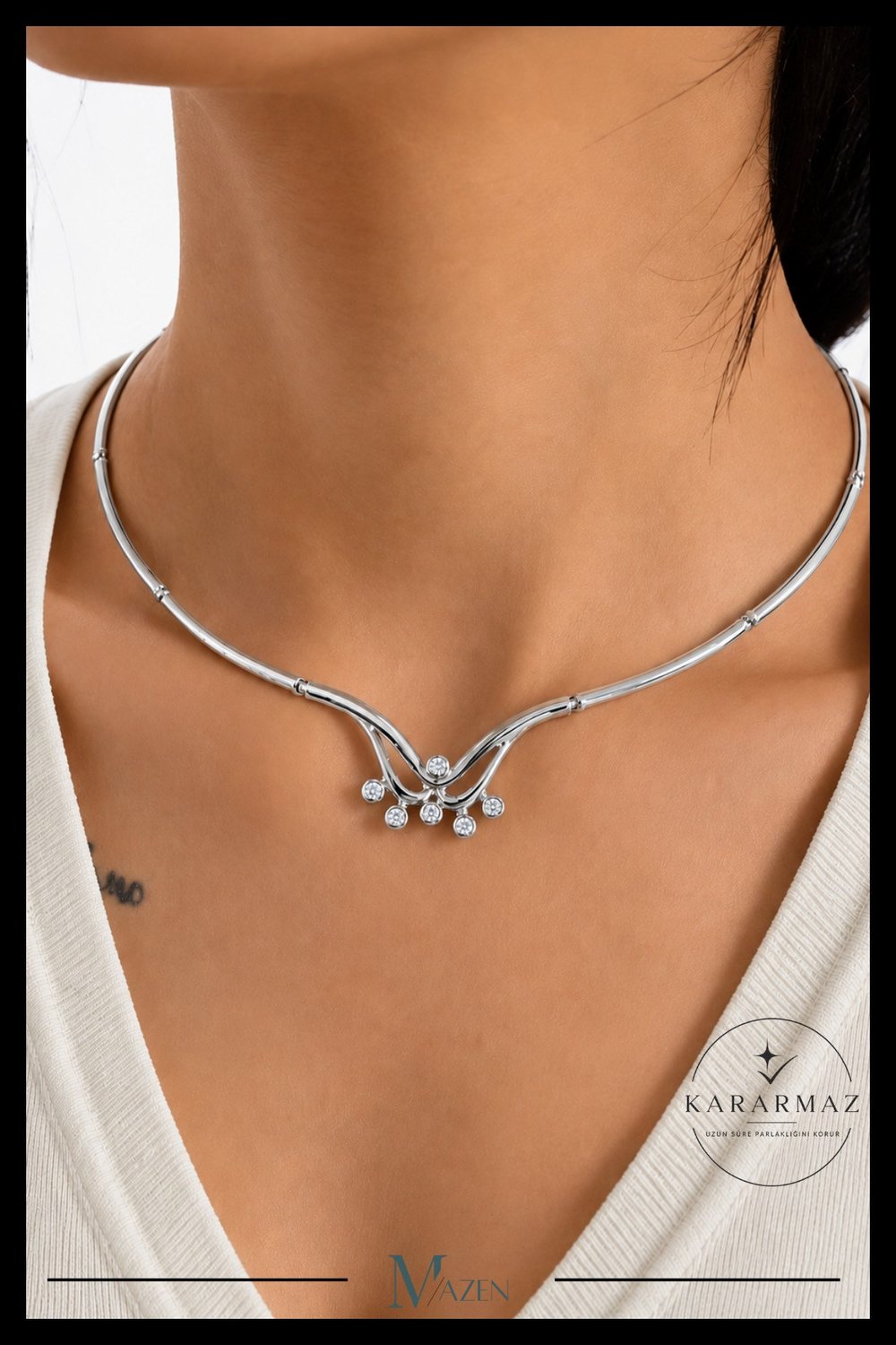 VIP Özel Tasarım Zirkon Taşlı Kavis Detaylı Gümüş Renk Choker Kolye