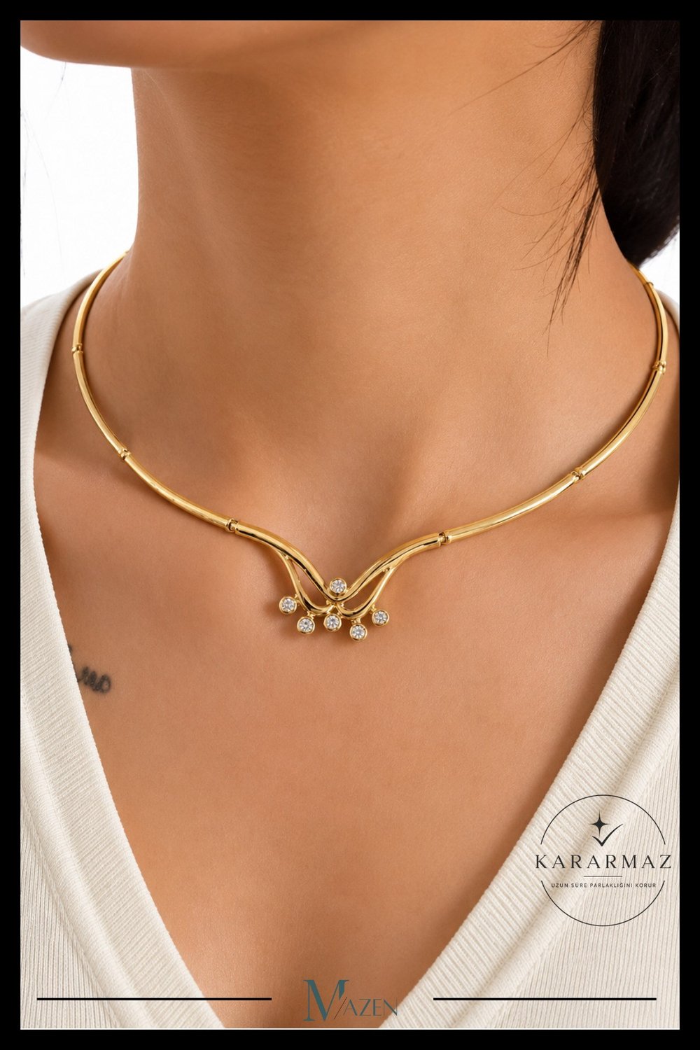 VIP Özel Tasarım Zirkon Taşlı Kavis Detaylı Gold Choker Kolye