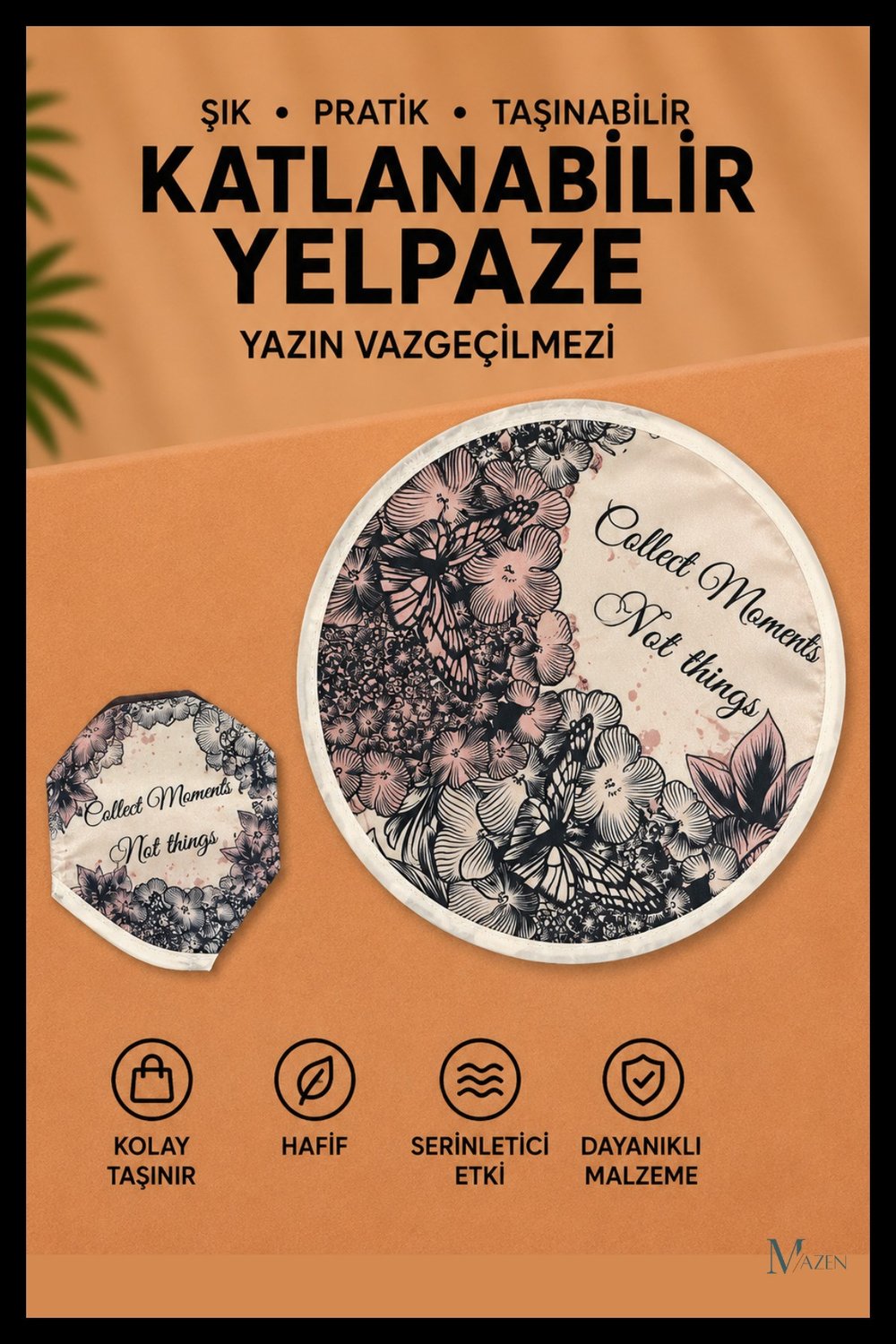 Yazılı Vintage Çiçek Desen Katlanabilir Yuvarlak Yazlık Taşınabilir El Yelpazesi