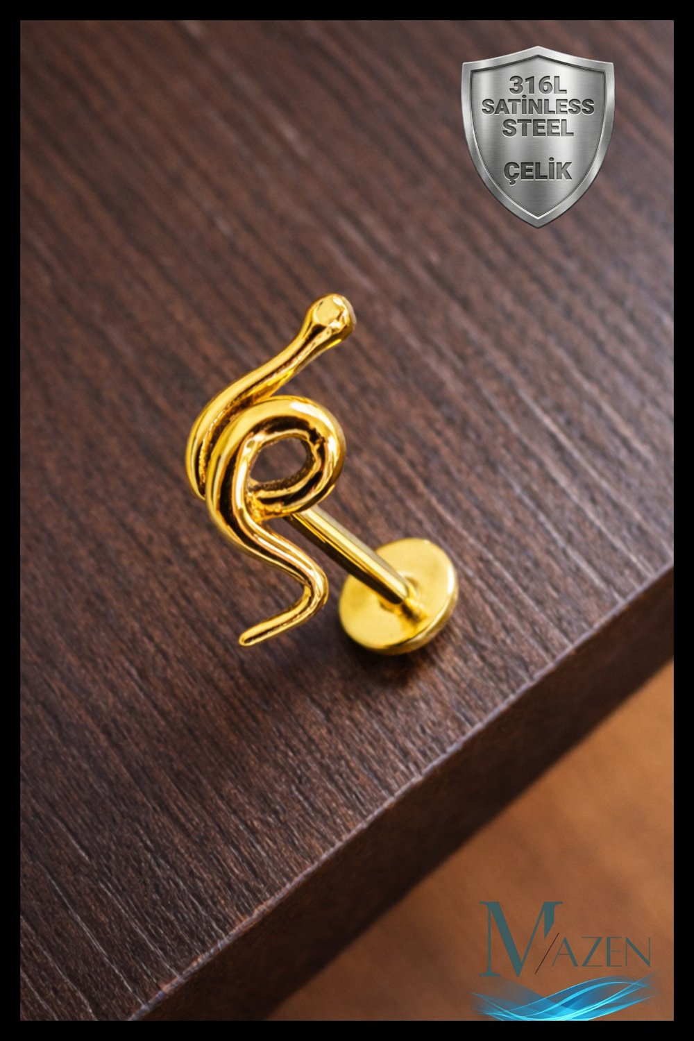 Yılan Figürlü Tragus Helix Piercing | 316L Çelik | Gold Renk