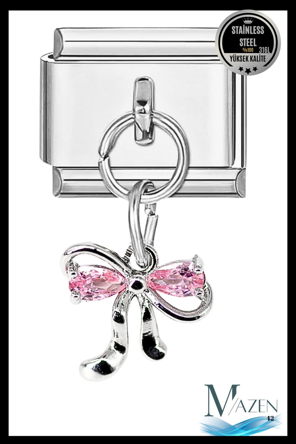 Zirkon Pembe Taşlı Fiyonk Sallantılı Charm | İtalyan Bileklik Uyumlu | İtalyan Çarm