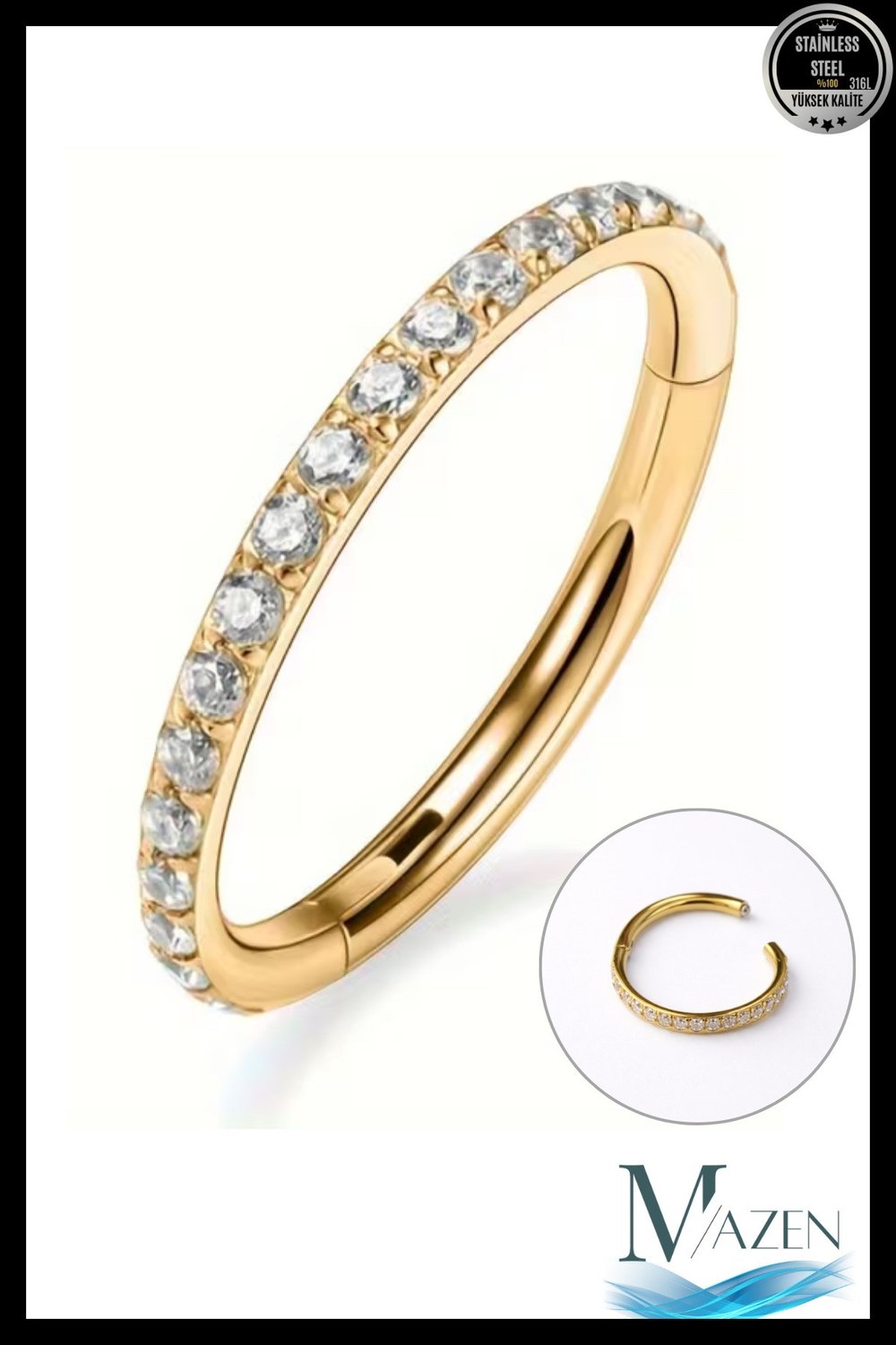 Zirkon Taşlı 1 mm İnce Bar | Tam Tur Halka Klipsli Piercing | Cerrahi Çelik | ( Beden Seçiniz)