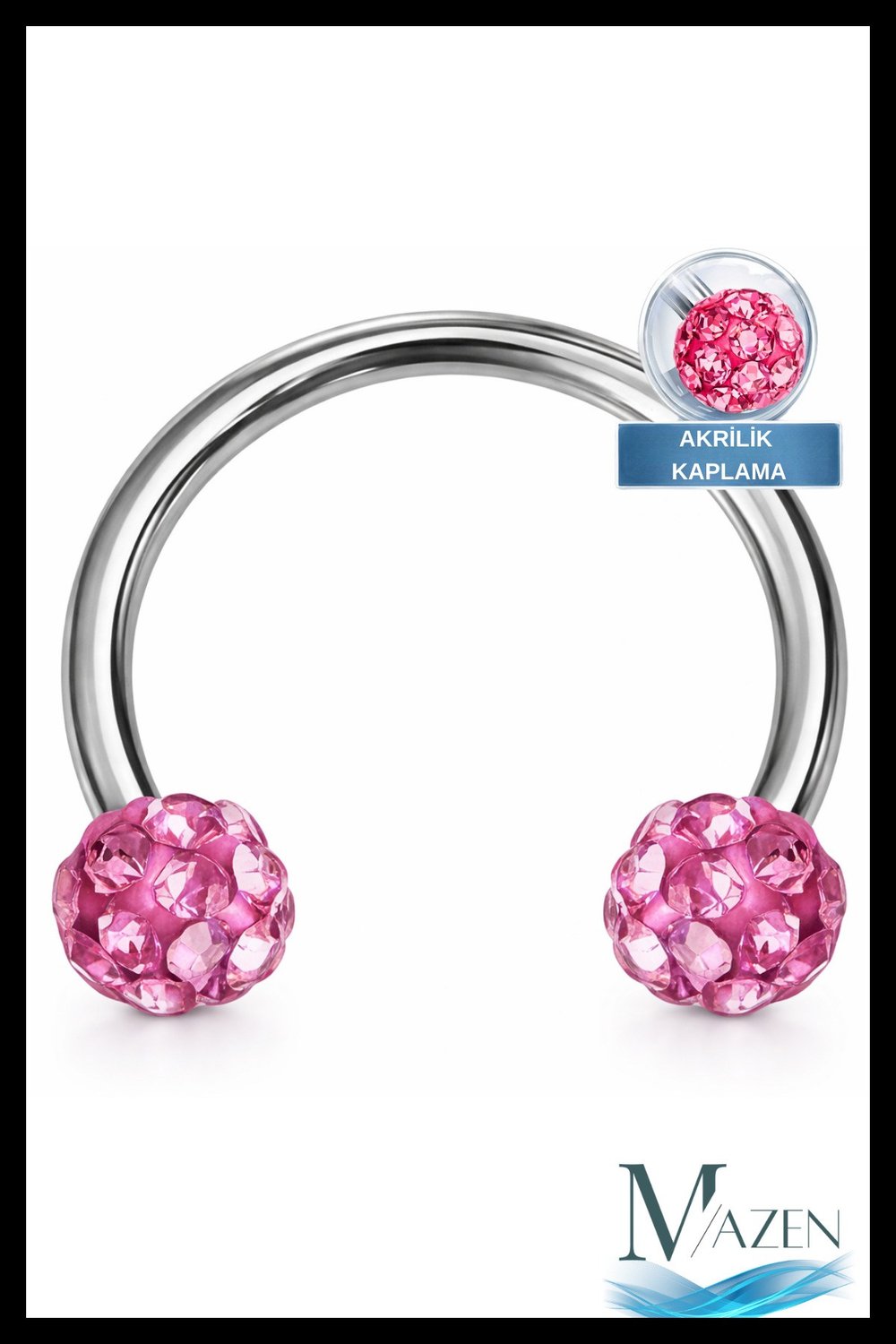 Zirkon Taşlı Piercing | 8 Mm Fuşya | Kararmaz Çelik | Kıkırdak Tragus Dudak | Çift Toplu