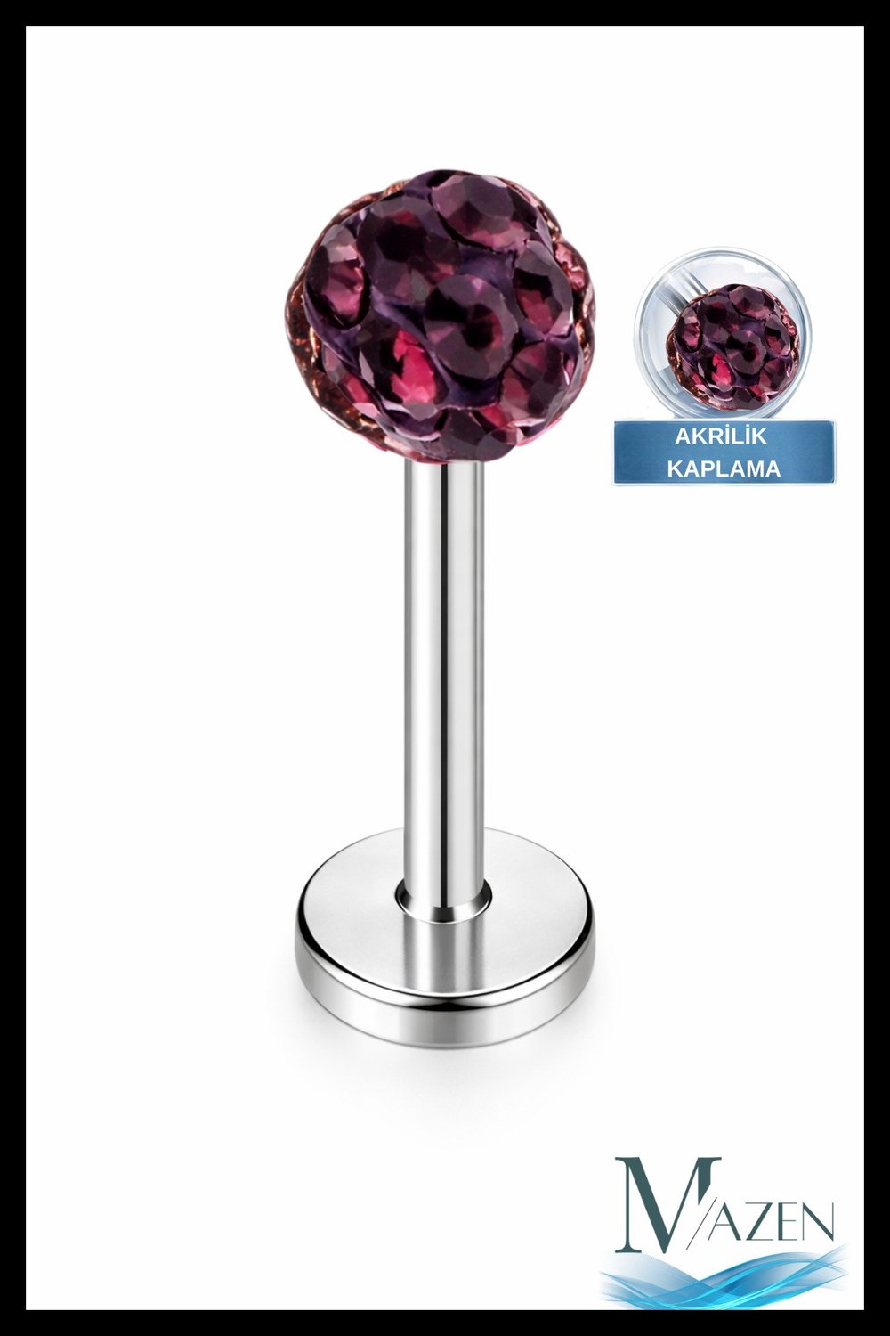 Zirkon Taşlı Piercing | 8 Mm Mürdüm | Kararmaz Çelik | Kıkırdak Tragus Dudak | Tek Toplu