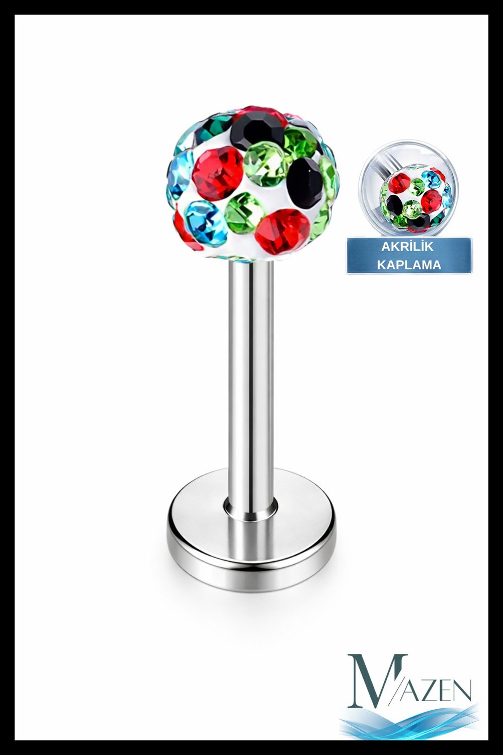 Zirkon Taşlı Piercing | 8 Mm Renkli | Kararmaz Çelik | Kıkırdak Tragus Dudak | Tek Toplu