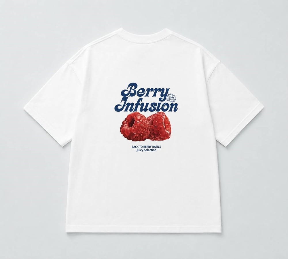 Berry Infusion Ahududu Baskılı Oversize Tişört - Beyaz