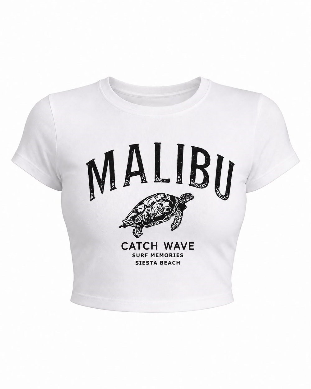 Malibu Kaplumbağa Baskılı Crop Tişört - Beyaz