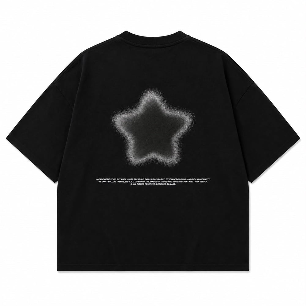 Star Baskılı Drop Shoulder Oversize Tişört - Siyah