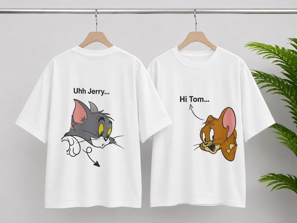 Uhh Jerry & Hi Tom Baskılı Sevgili/Arkadaş Tişörtü Seti - Beyaz