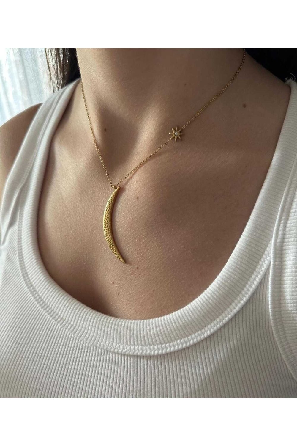 Çelik ay güneş gold kolye