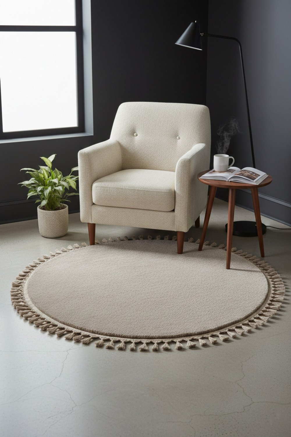 Comfort Yuvarlak Ponpon Saçaklı Peluş Halı(Yatak Odası- Çocuk Odası- Antre- Yemek Odası)Kaymaz Taban