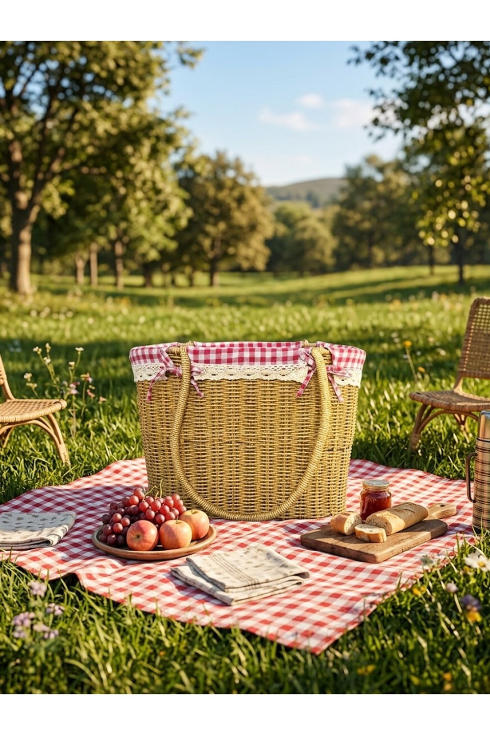 Hasır Plaj ve Piknik Çantası - Kırmızı Pötikare Astarlı, Dantel Detaylı