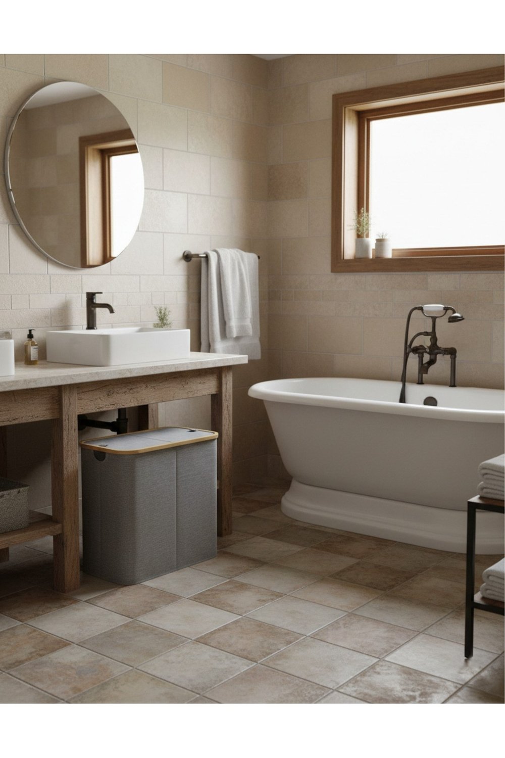 Kumaş Katlanabilir Bölmeli Bambu Detaylı 100 Lt Çamaşır Sepeti 54x33x58
