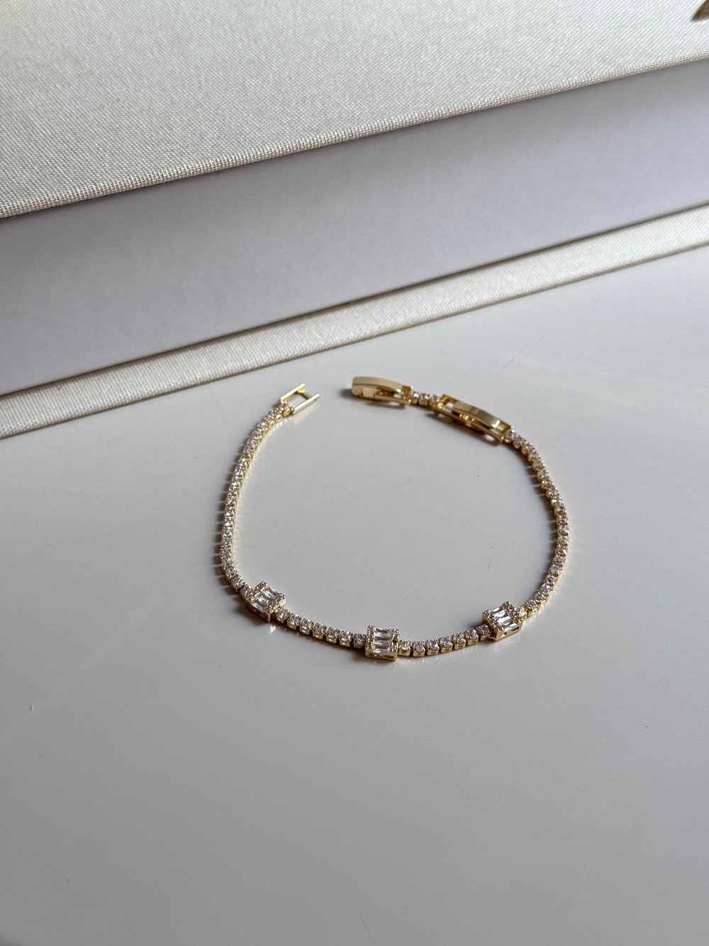 Gold Tennis Bracelet With Baguette Cut Zirconia- Dainty Crystal Chain Bracelet- Elegant Gift For Her