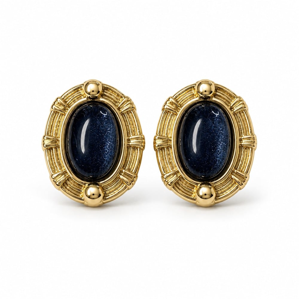 Özel Seri Gece Laciverti Oval Taşlı Küpe 4344