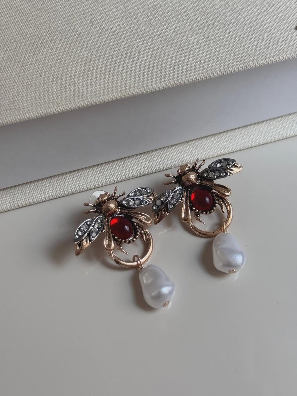 Vintage Bee Pearl Drop Earrings with Red Gem – Gold-Tone Finish Jewelry
