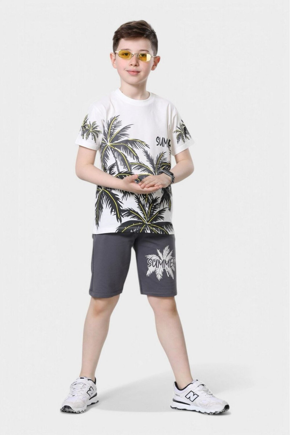 Erkek Çocuk Yazlık Sümmer Baskılı Kısa Kollu Bisiklet Yaka T-shirt Şort Alt Üst Takım