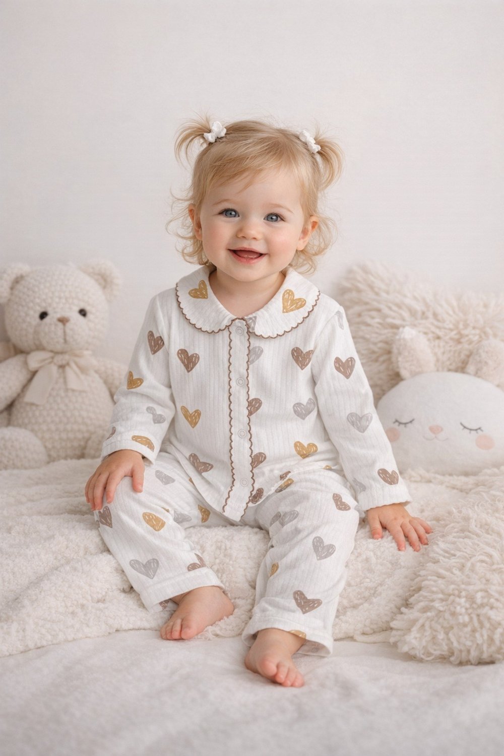 Kız Bebek Takım Kalp Desenli Uzun Kollu Pamuklu Pijama Takım 0-6 Aylık