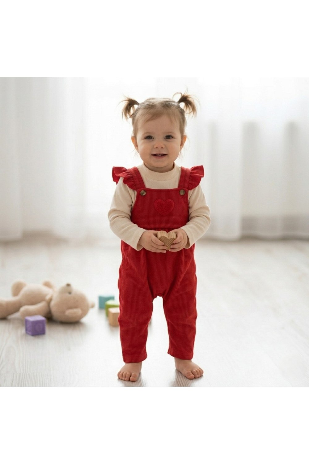 Kız Bebek Takım Waffle Kumaş Bebek Tulum Takımı Fırfırlı Askılı Tulum ve Kalpli Body