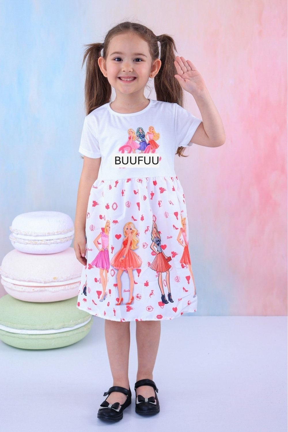 Kız Çocuk Desenli Kısa Kollu Elbise