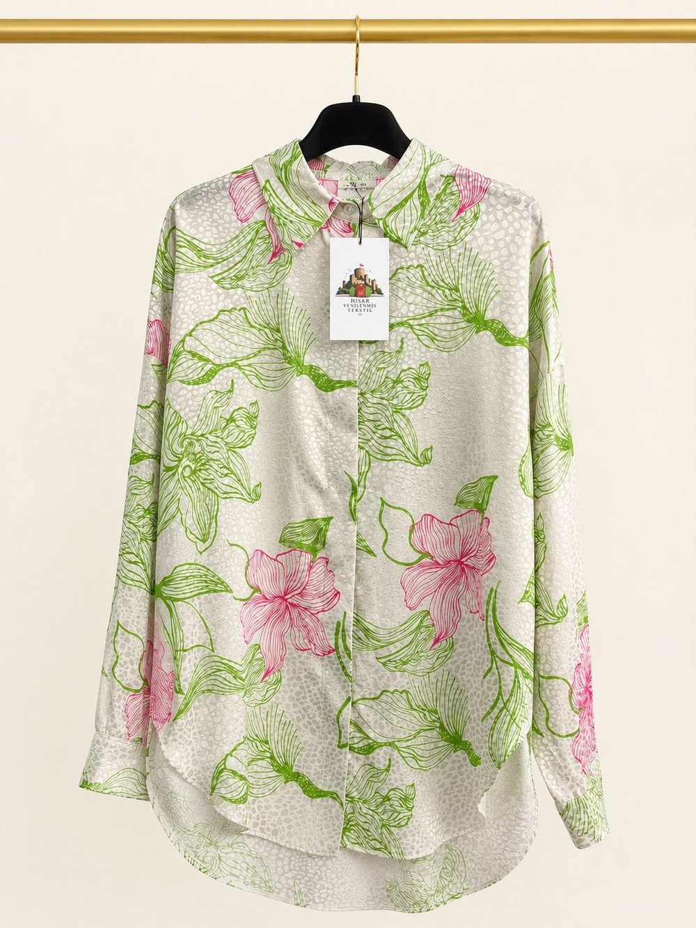 Sateen Classic Saten Çiçek Desenli Uzun Kollu Kadın Gömlek
